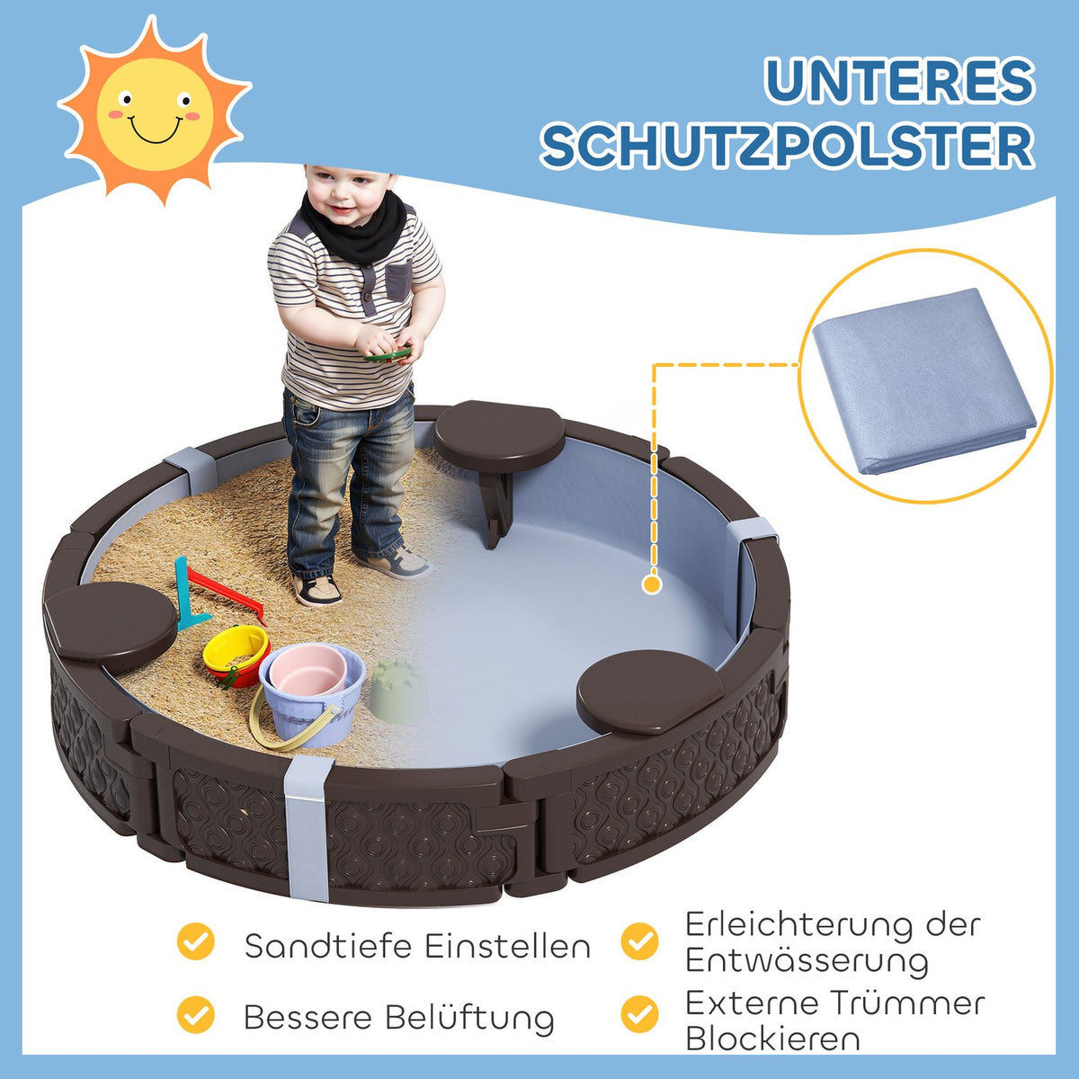 Sandbox, sandbox sandbox with 3 seats, waterproof base, weatherproof protective tarpaulin, for 1.5-5 years children dark brown
