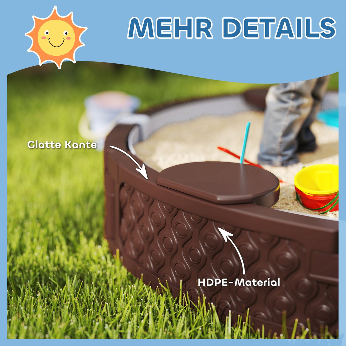 Sandbox, sandbox sandbox with 3 seats, waterproof base, weatherproof protective tarpaulin, for 1.5-5 years children dark brown