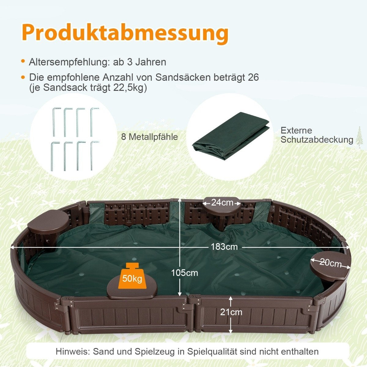 Sandbox sandpit with waterproof cover 183 x 105 x 21 cm brown