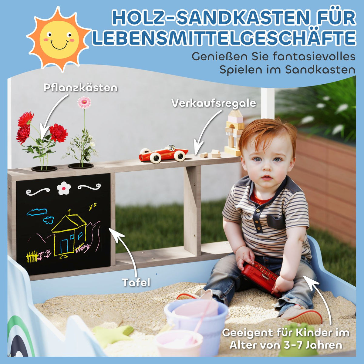 Sandbox with Roof, 90 x 108 cm Wooden Sandbox Sandbox with Bench, Drawing Board, Plant Boxes, Shop Design for 2 Children 3-7 Years Blue