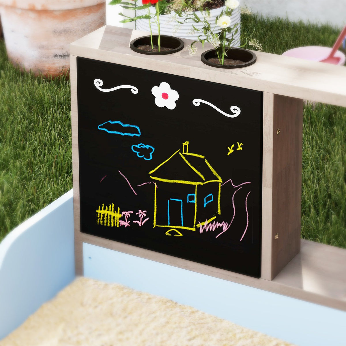 Sandbox with Roof, 90 x 108 cm Wooden Sandbox Sandbox with Bench, Drawing Board, Plant Boxes, Shop Design for 2 Children 3-7 Years Blue
