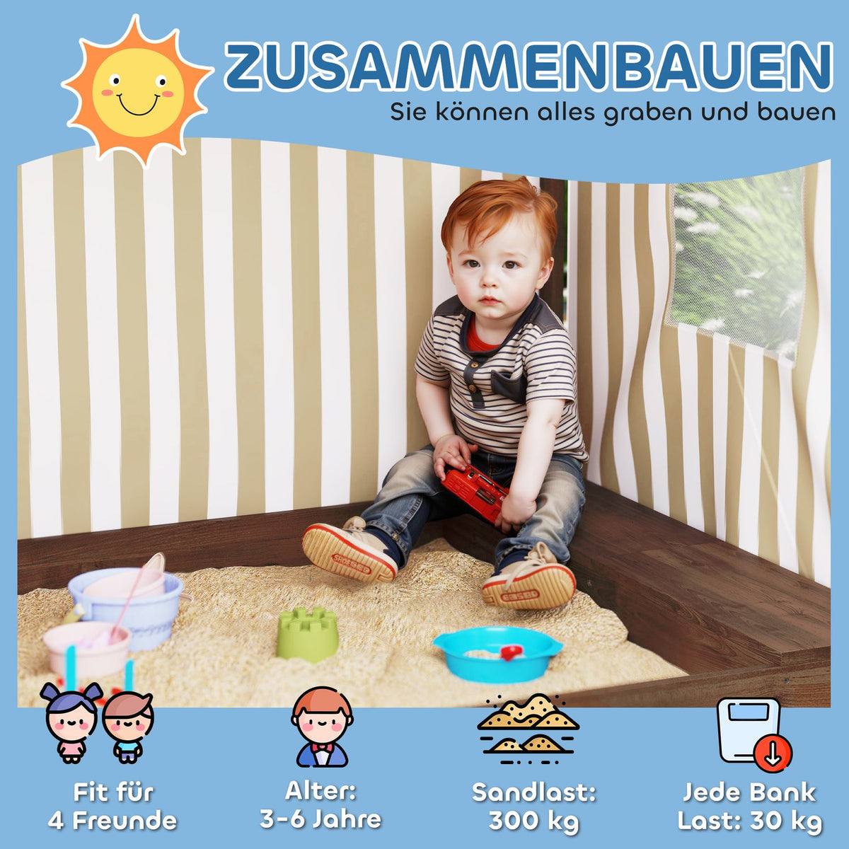 Sandbox with canopy and mesh door, 142 x 101.5 cm wooden sandbox with bench, storage space, floor protection, for 4 children 3-6 years brown