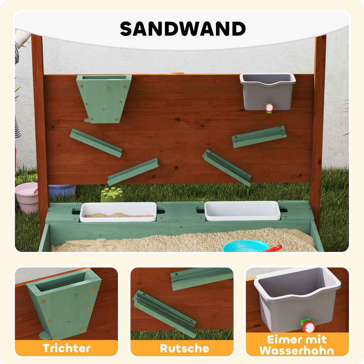 Sandbox with roof, 116 x 112.5 cm wooden sandbox with seat, 2 containers, sand and water toys, bucket with tap for 3-6 years children green