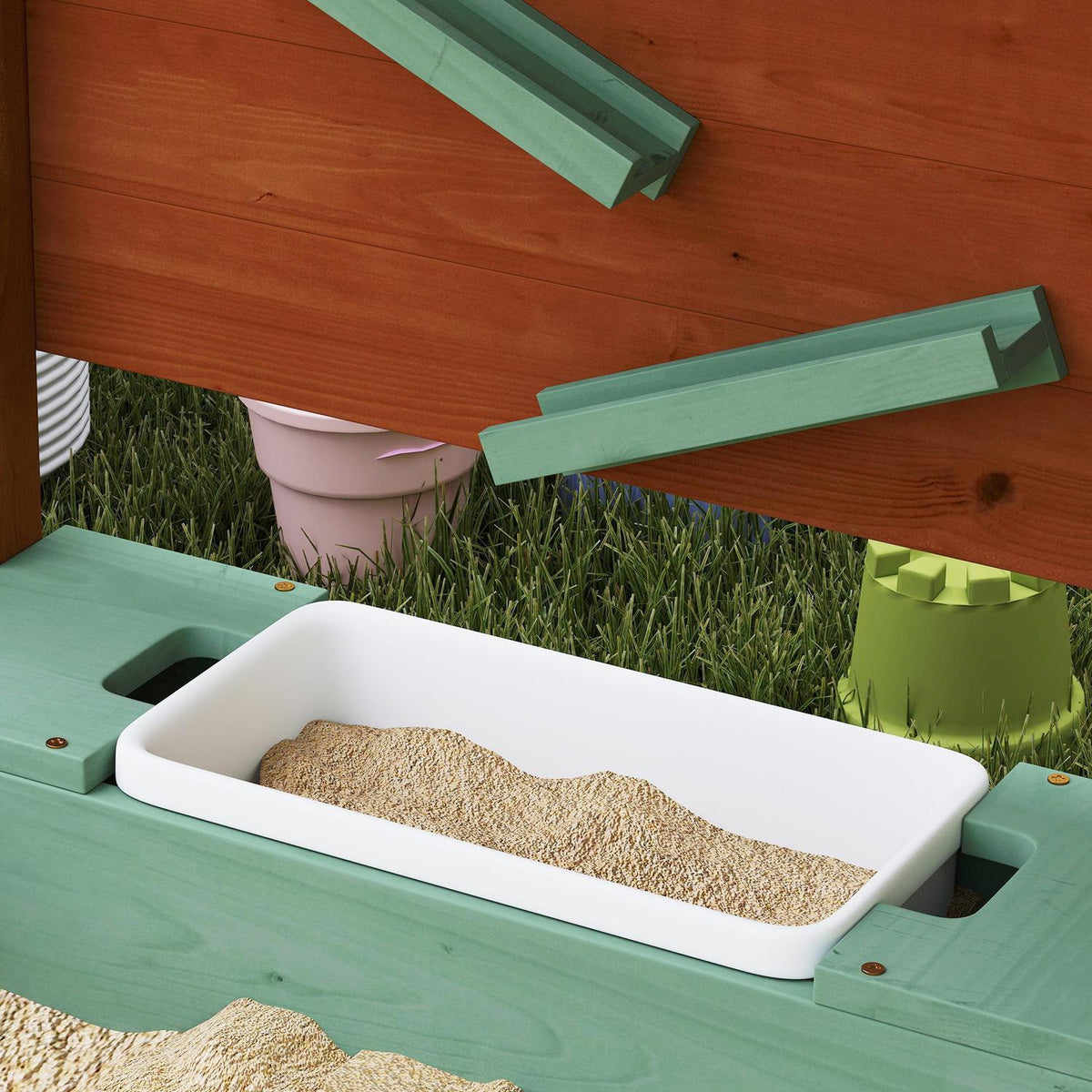 Sandbox with roof, 116 x 112.5 cm wooden sandbox with seat, 2 containers, sand and water toys, bucket with tap for 3-6 years children green