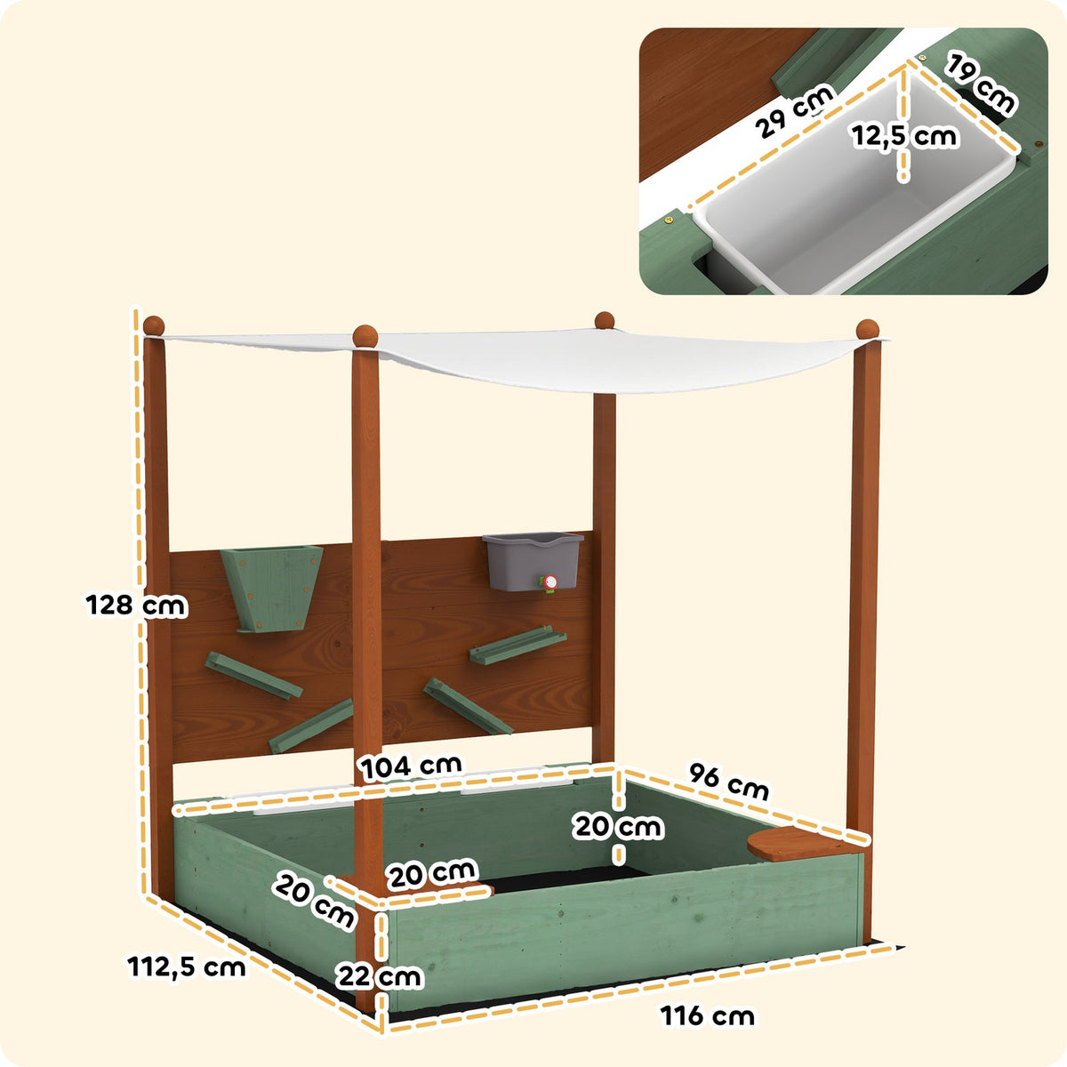 Sandbox with roof, 116 x 112.5 cm wooden sandbox with seat, 2 containers, sand and water toys, bucket with tap for 3-6 years children green
