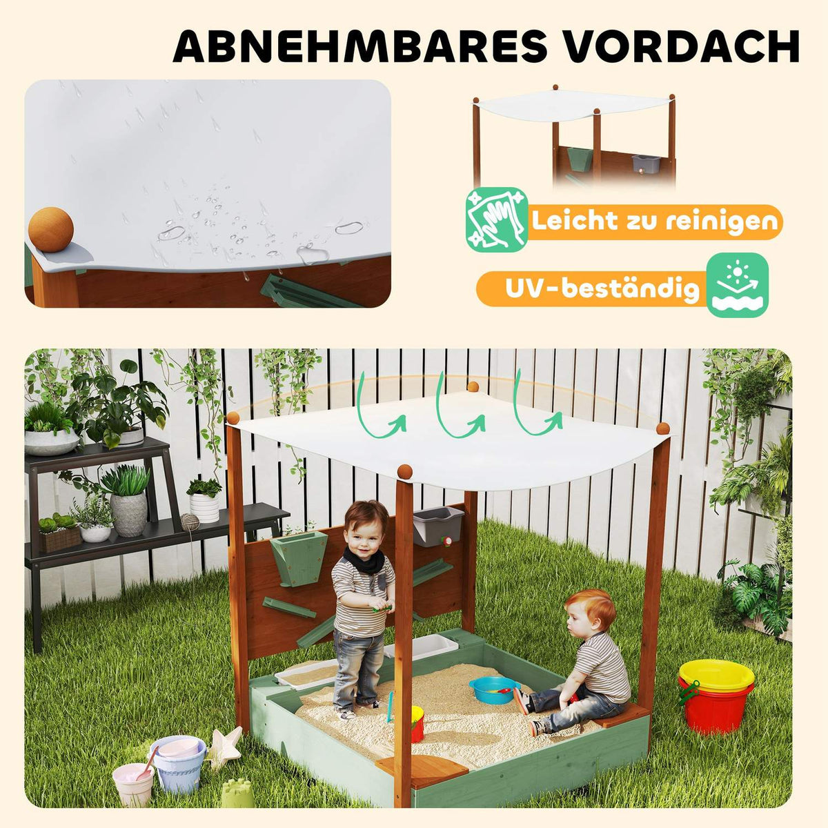 Sandbox with roof, 116 x 112.5 cm wooden sandbox with seat, 2 containers, sand and water toys, bucket with tap for 3-6 years children green