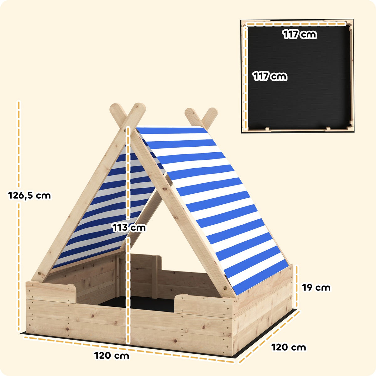Sandbox with tent roof, 120 x 120 cm wooden sandbox sandbox with groundsheet, removable roof for 3-6 years children nature