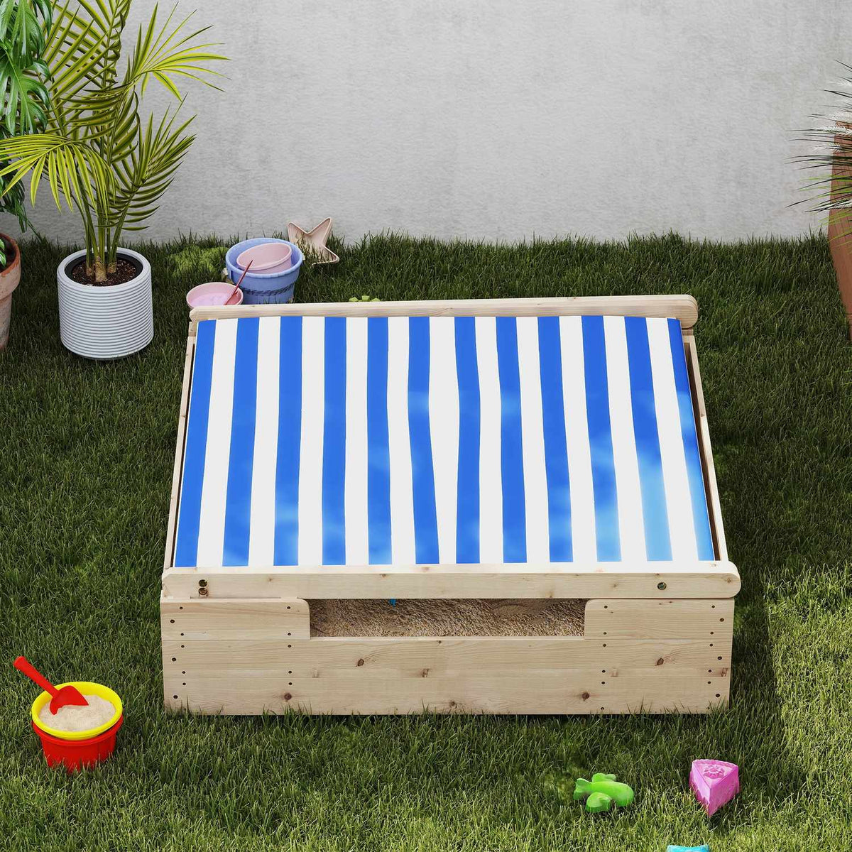 Sandbox with tent roof, 120 x 120 cm wooden sandbox sandbox with groundsheet, removable roof for 3-6 years children nature