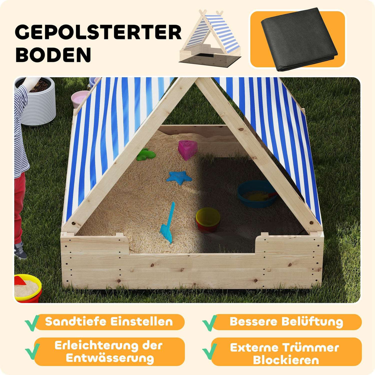 Sandbox with tent roof, 120 x 120 cm wooden sandbox sandbox with groundsheet, removable roof for 3-6 years children nature