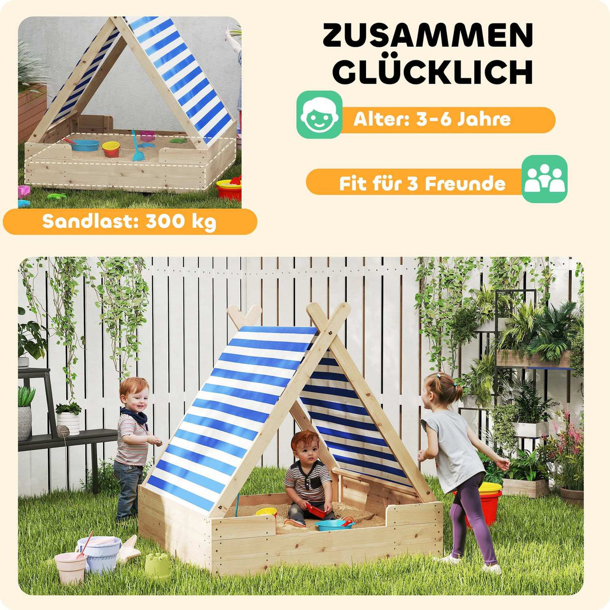 Sandbox with tent roof, 120 x 120 cm wooden sandbox sandbox with groundsheet, removable roof for 3-6 years children nature