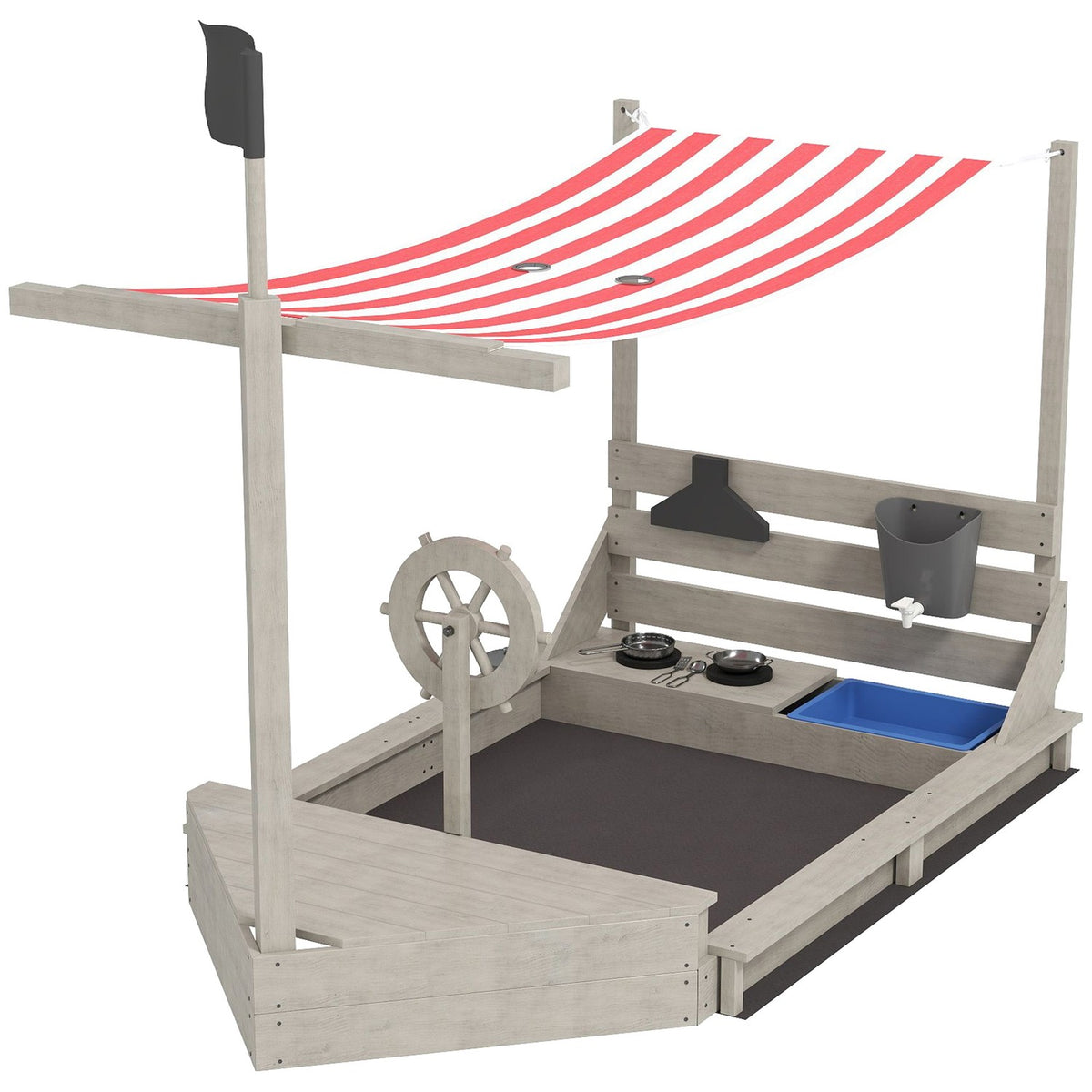 Sandpit Large Sandpit with Cover in Ship Design Mud Box Made of Wood Sailing Ship Playhouse with Kitchen Playset Storage for Children 3-7 Years Gray 180 x 103 x 144.5 cm