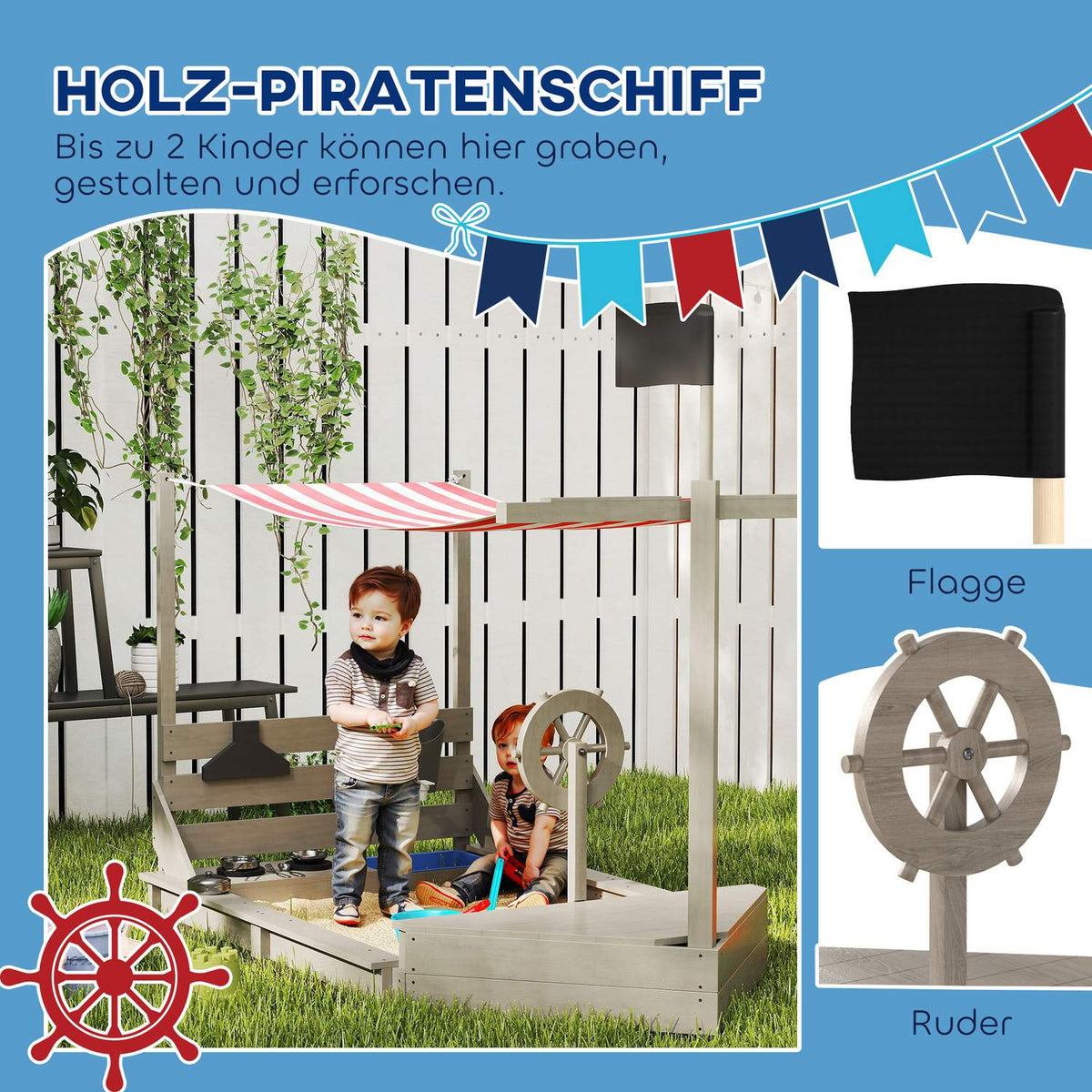 Sandpit Large Sandpit with Cover in Ship Design Mud Box Made of Wood Sailing Ship Playhouse with Kitchen Playset Storage for Children 3-7 Years Gray 180 x 103 x 144.5 cm