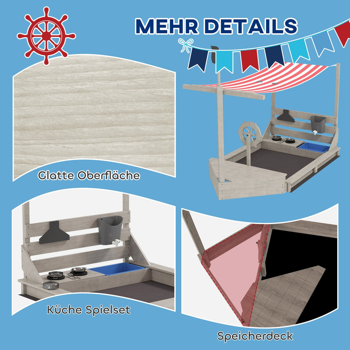 Sandpit Large Sandpit with Cover in Ship Design Mud Box Made of Wood Sailing Ship Playhouse with Kitchen Playset Storage for Children 3-7 Years Gray 180 x 103 x 144.5 cm