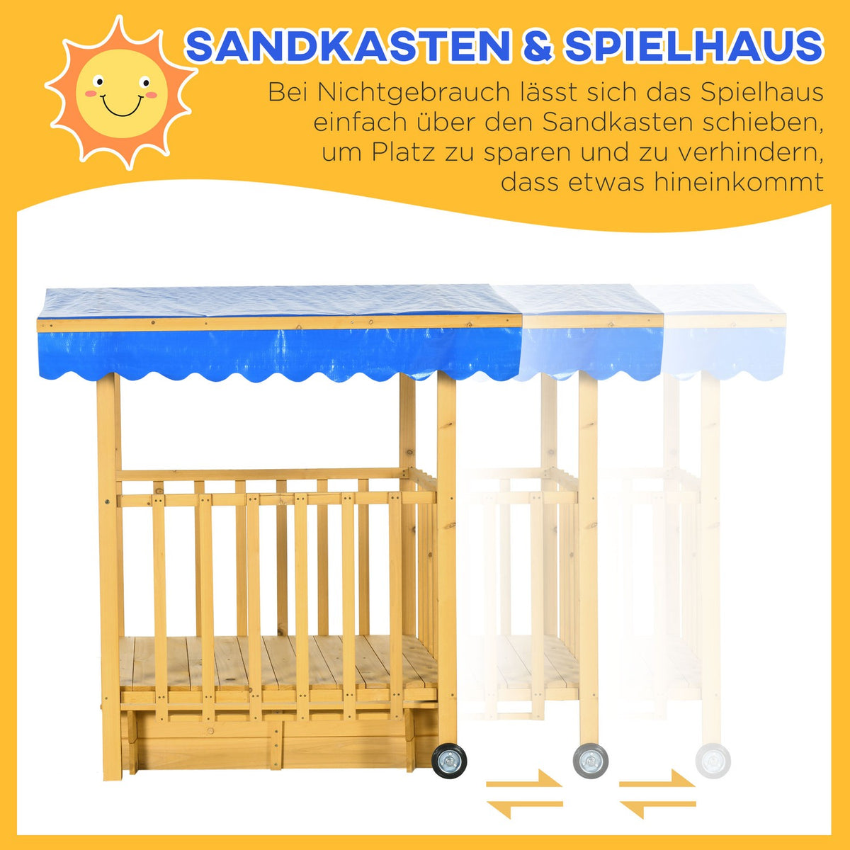 Sandpit With Roof, Wooden Sandbox With Playhouse, Wheels, For 3-8 Years, 133X129X137.5Cm, Garden, Natural