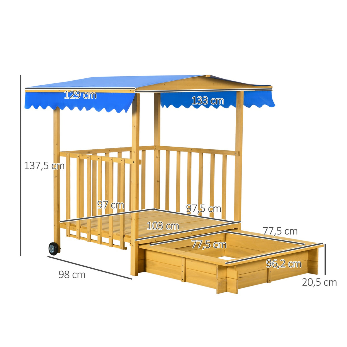 Sandpit With Roof, Wooden Sandbox With Playhouse, Wheels, For 3-8 Years, 133X129X137.5Cm, Garden, Natural