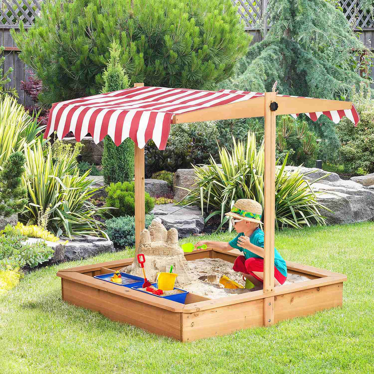 Sandpit Wooden Bottomless Design Mud Area For Children 3-7 Years Sandpit With Cover Roof For Garden Patio Beach