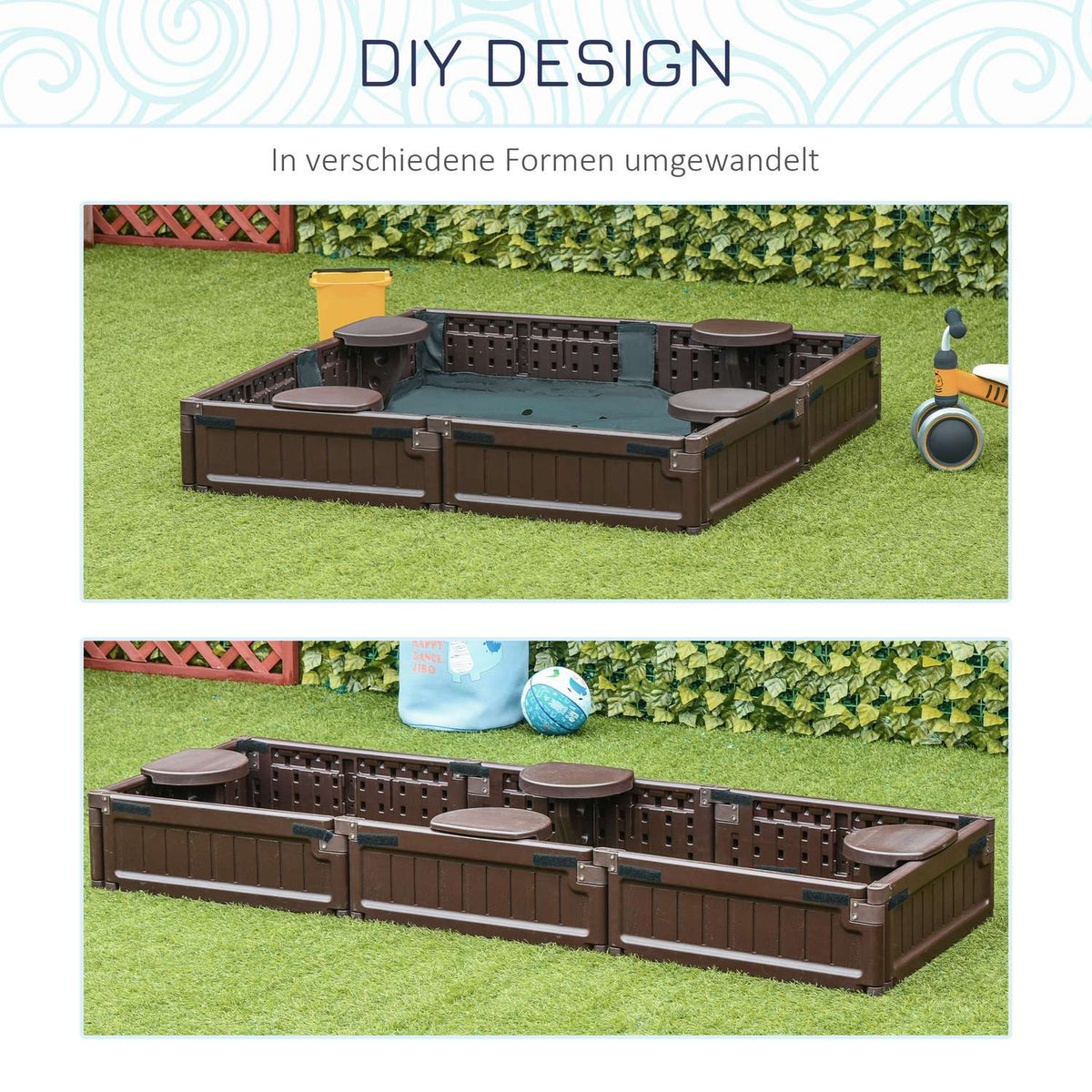 Sandpit sandbox 4 seater with groundsheet and tarpaulin for children 3-12 years, HDPE, 123x123x21 cm, brown