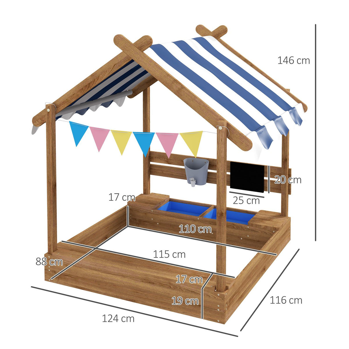 Sandpit with Roof Wooden Sandbox with Seat and Board for 3-7 Years 124x116x146cm Garden Playhouse Brown