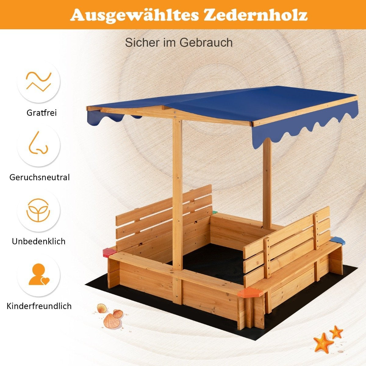 Sandpit with roof 120 x 120 cm sandpit made of cedar wood sandbox large with 2 convertible benches natural
