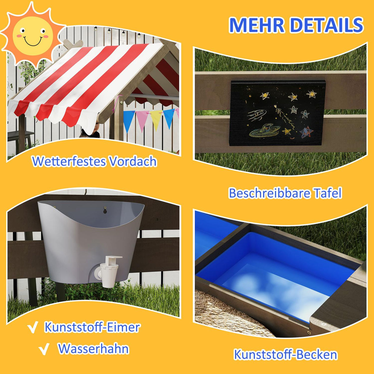 Sandpit with roof, wooden sandpit with seat, playhouse, 124 x 116 x 146 cm sandbox with board for 3-7 years children, garden, gray