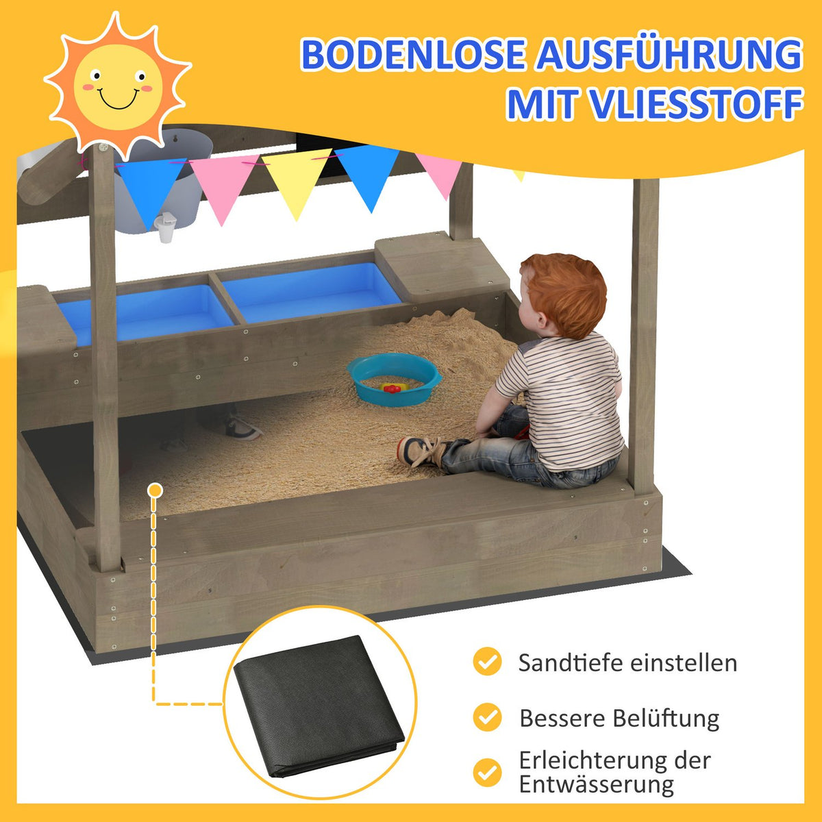 Sandpit with roof, wooden sandpit with seat, playhouse, 124 x 116 x 146 cm sandbox with board for 3-7 years children, garden, gray