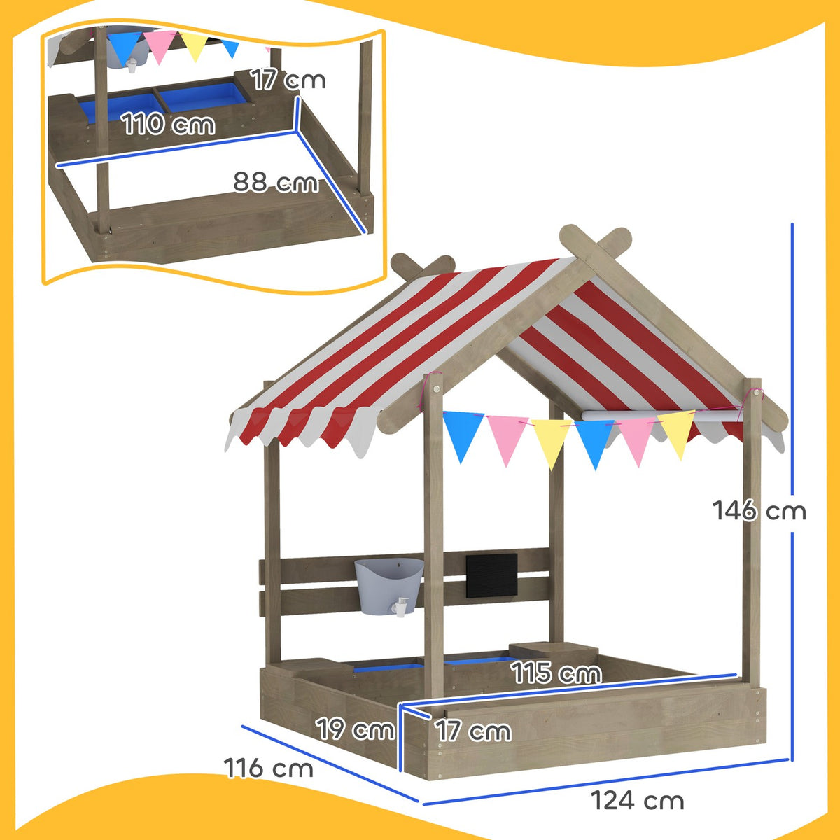 Sandpit with roof, wooden sandpit with seat, playhouse, 124 x 116 x 146 cm sandbox with board for 3-7 years children, garden, gray