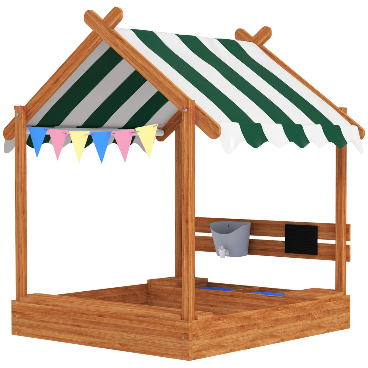 Sandpit with roof, wooden sandpit with seat, playhouse, 124 x 116 x 146 cm sandbox with board for 3-7 years children, garden, orange