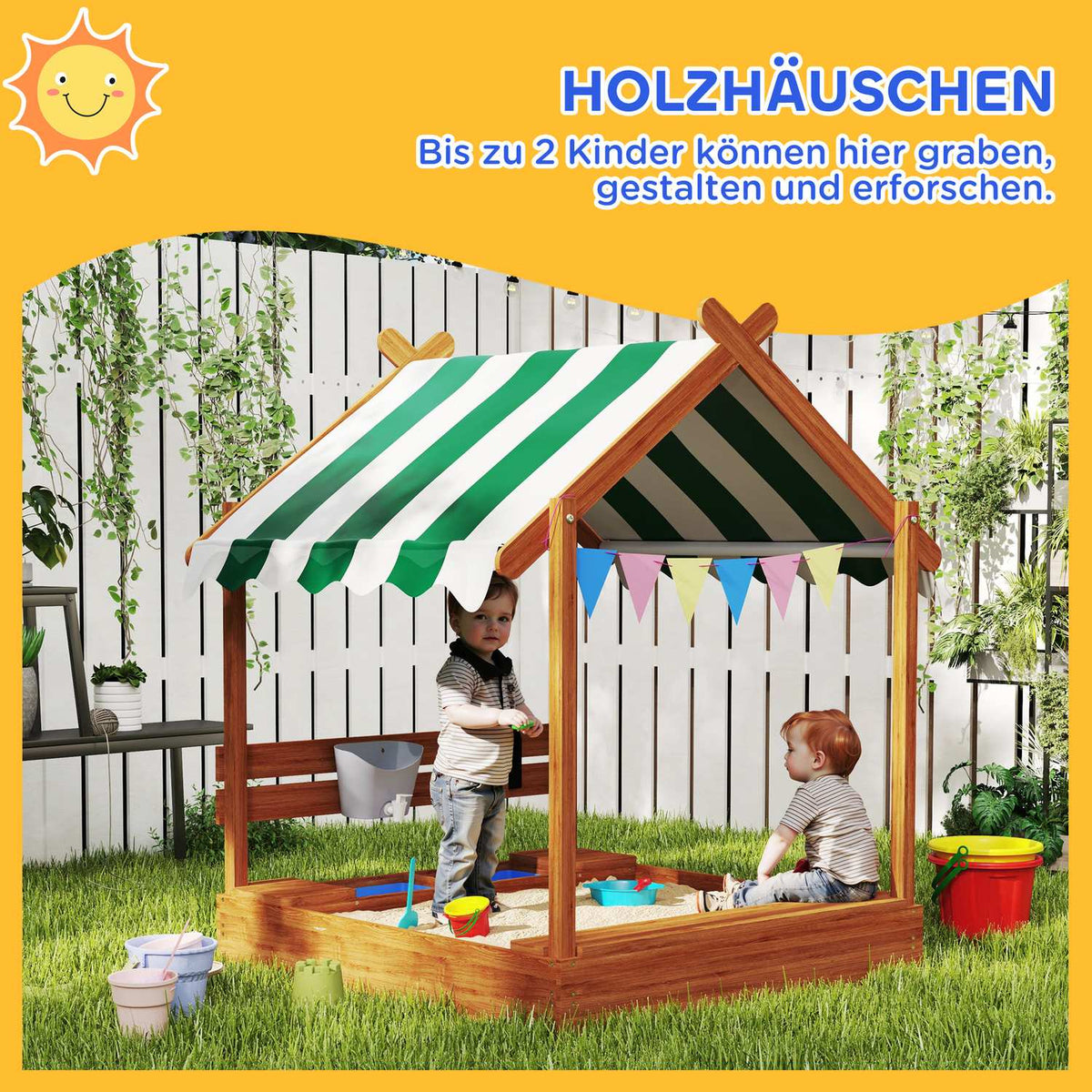 Sandpit with roof, wooden sandpit with seat, playhouse, 124 x 116 x 146 cm sandbox with board for 3-7 years children, garden, orange
