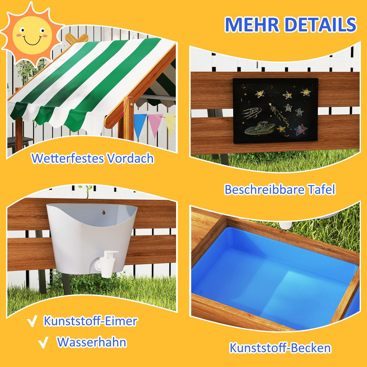 Sandpit with roof, wooden sandpit with seat, playhouse, 124 x 116 x 146 cm sandbox with board for 3-7 years children, garden, orange