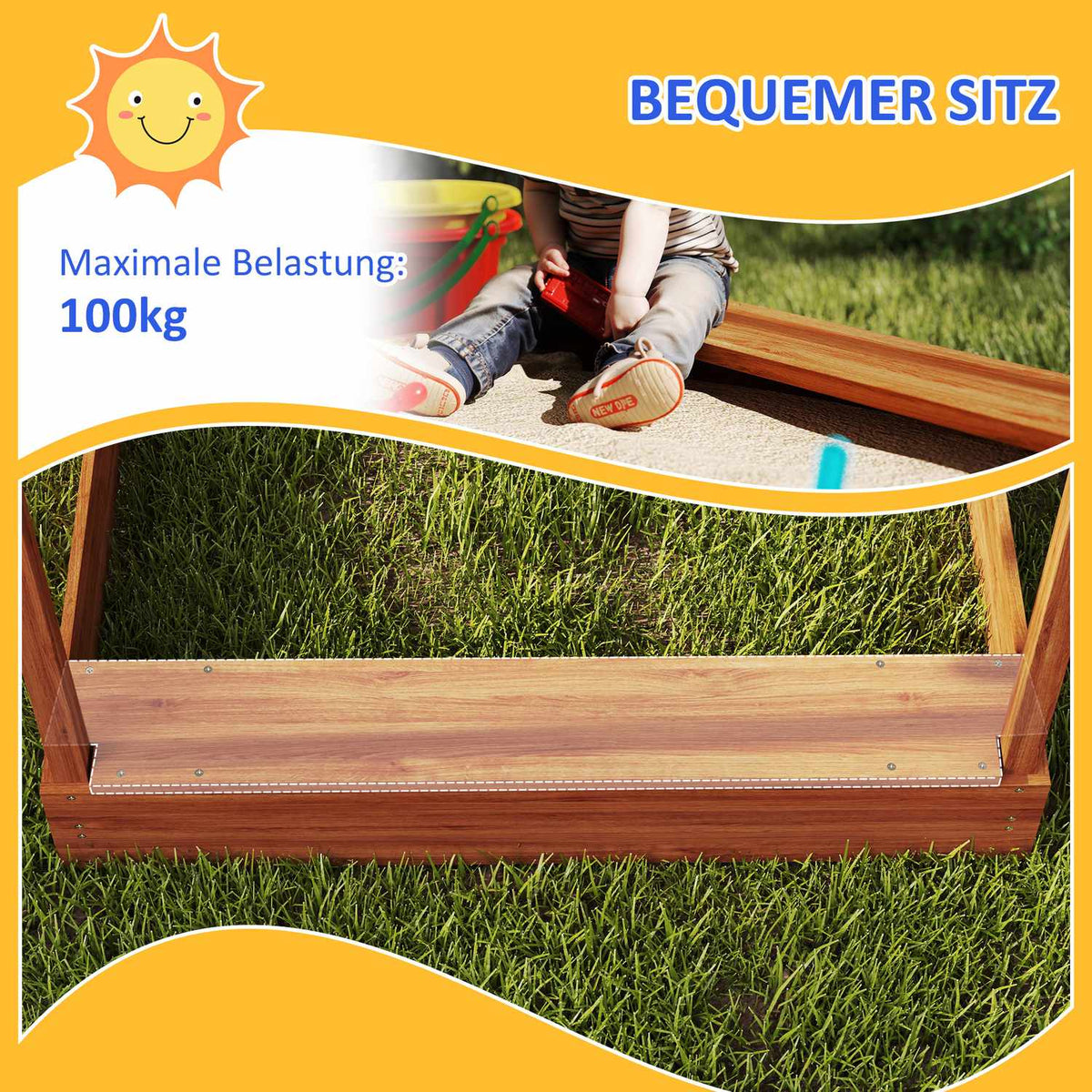 Sandpit with roof, wooden sandpit with seat, playhouse, 124 x 116 x 146 cm sandbox with board for 3-7 years children, garden, orange