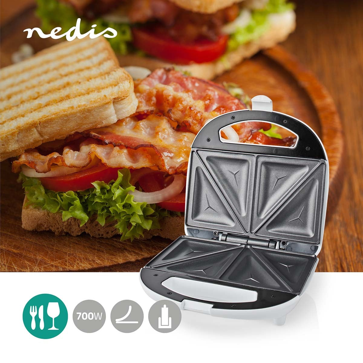 Sandwich grill | 700 W | 20.5 x 12 cm | Automatic temperature control | ABS