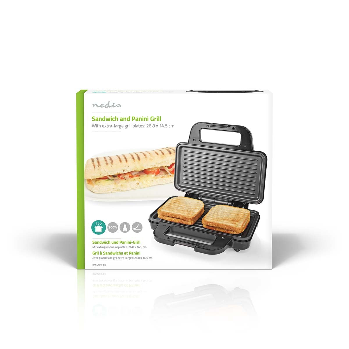 Sandwich grill | 900 W | 26.8 x 14.5 cm | Automatic temperature control | Aluminum / Plastic