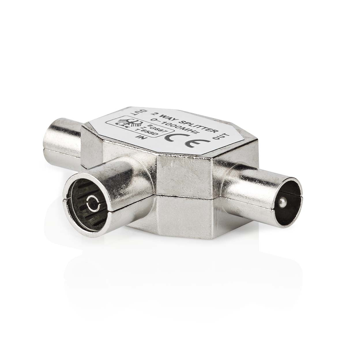 Satellite & Antenna Adapter | 2x Coax Male | IEC (Coax) Female | Nickel Plated | 75 Ohm | T-Splitter | Metal | Silver | 1 pc. | Box