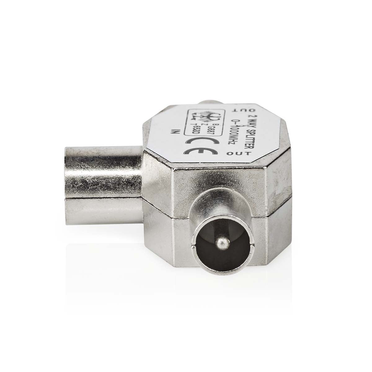 Satellite & Antenna Adapter | 2x Coax Male | IEC (Coax) Female | Nickel Plated | 75 Ohm | T-Splitter | Metal | Silver | 1 pc. | Box