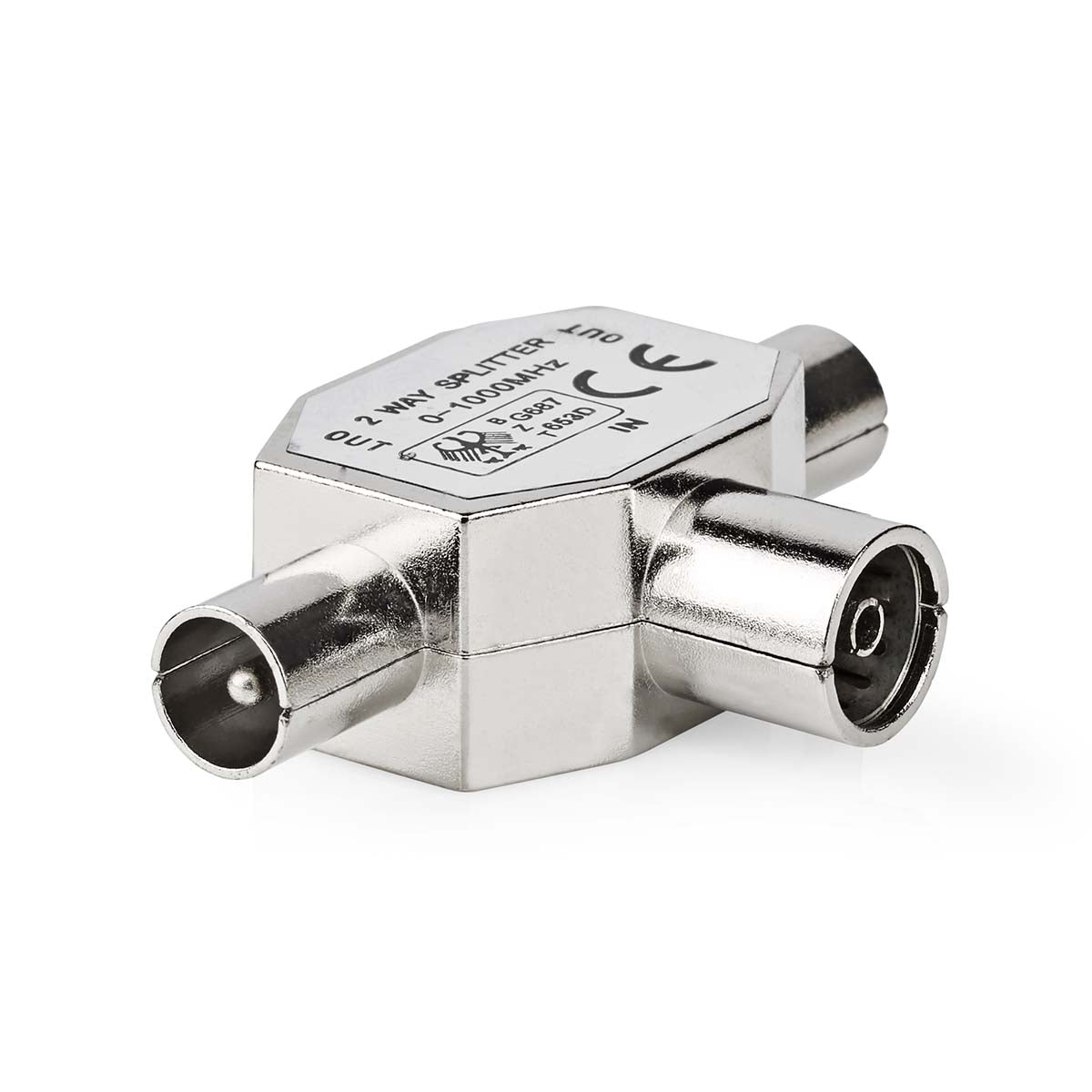 Satellite & Antenna Adapter | 2x Coax Male | IEC (Coax) Female | Nickel Plated | 75 Ohm | T-Splitter | Metal | Silver | 1 pc. | Envelope