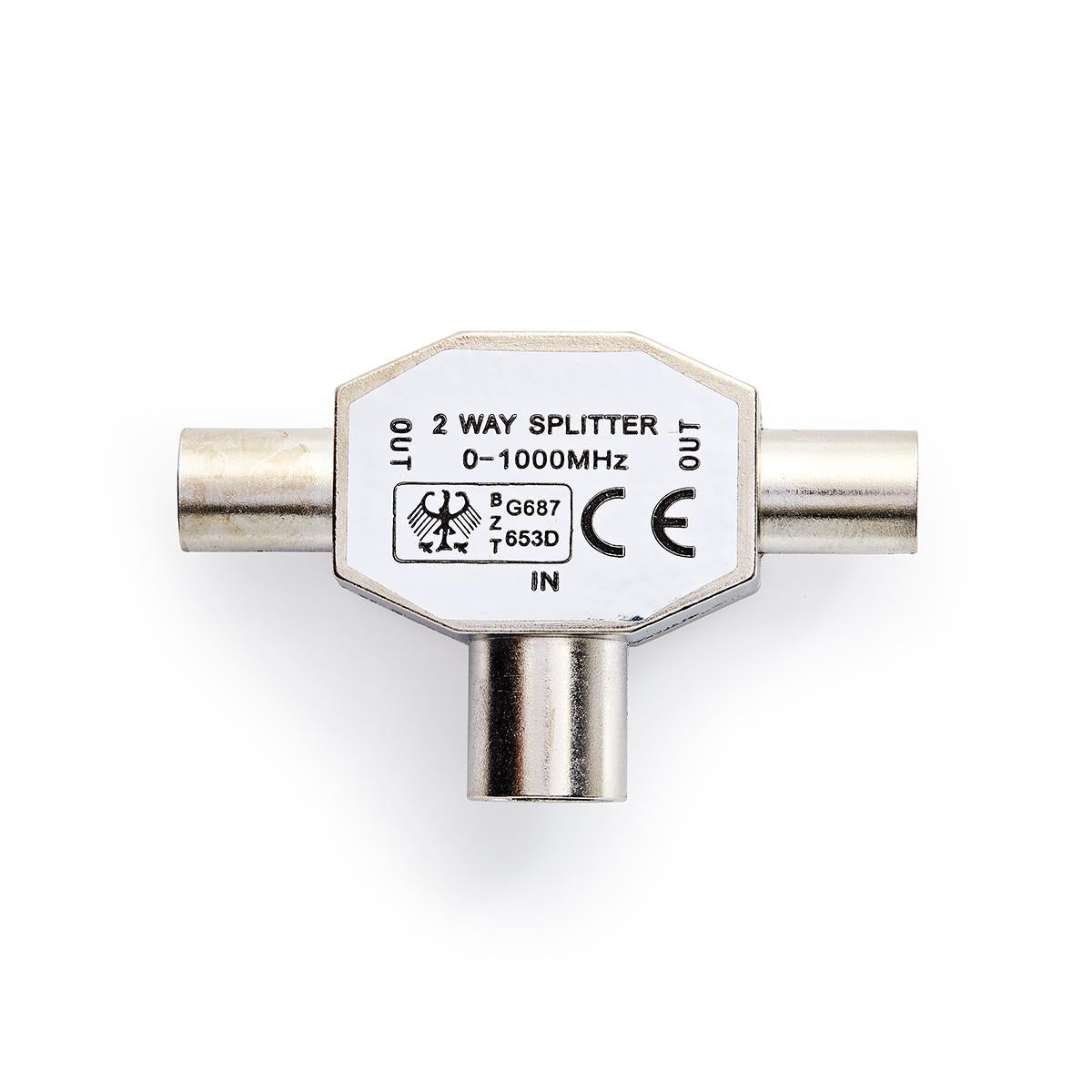 Satellite & Antenna Adapter | 2x Coax Male | IEC (Coax) Female | Nickel Plated | 75 Ohm | T-Splitter | Metal | Silver | 1 pc. | Envelope