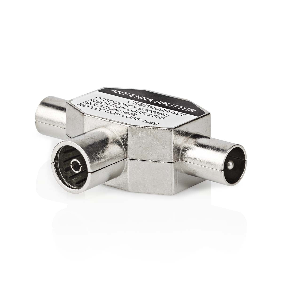 Satellite & Antenna Adapter | 2x Coax Male | IEC (Coax) Female | Nickel Plated | 75 Ohm | T-Splitter | Metal | White | 1 pc. | Box