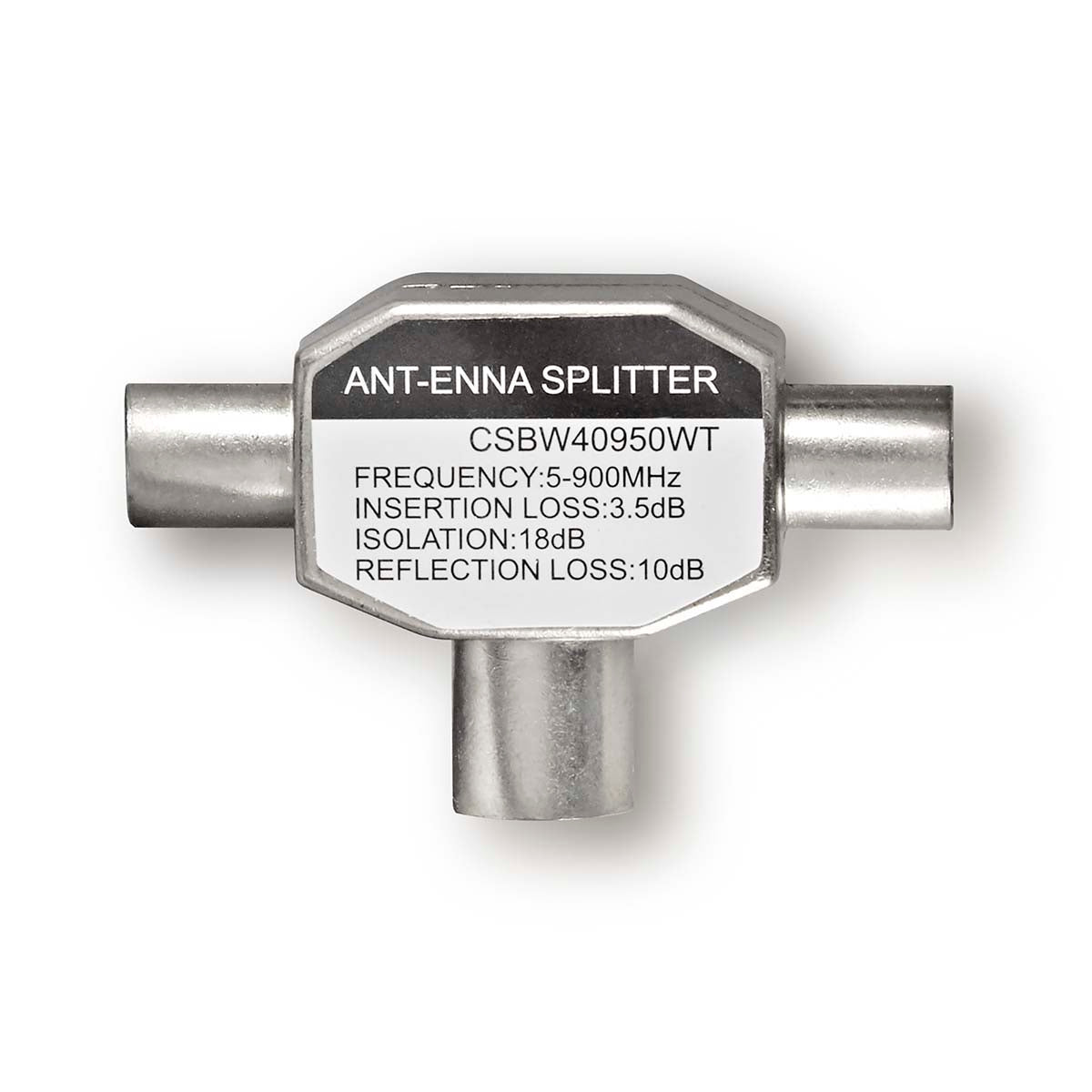 Satellite & Antenna Adapter | 2x Coax Male | IEC (Coax) Female | Nickel Plated | 75 Ohm | T-Splitter | Metal | White | 1 pc. | Box