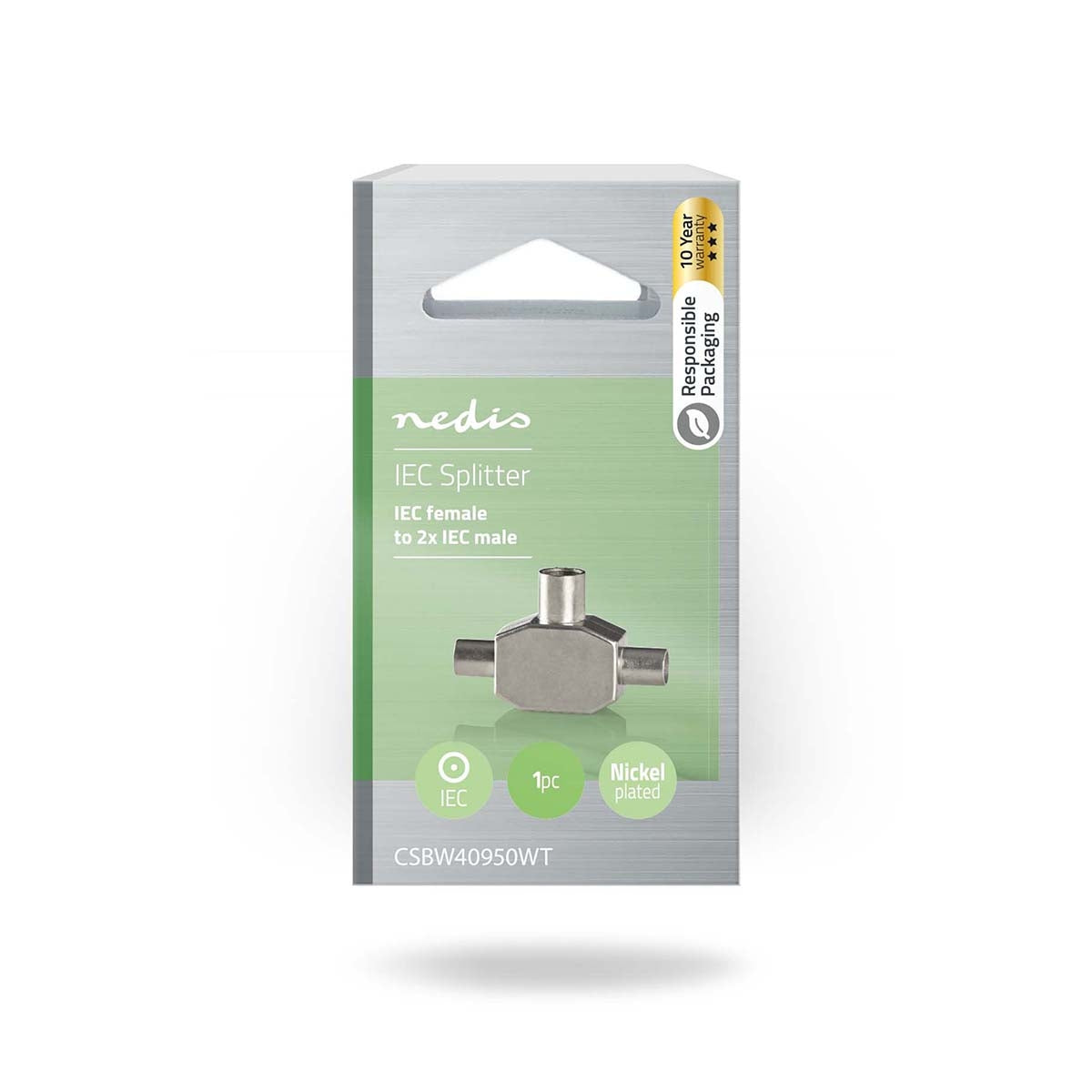 Satellite & Antenna Adapter | 2x Coax Male | IEC (Coax) Female | Nickel Plated | 75 Ohm | T-Splitter | Metal | White | 1 pc. | Box