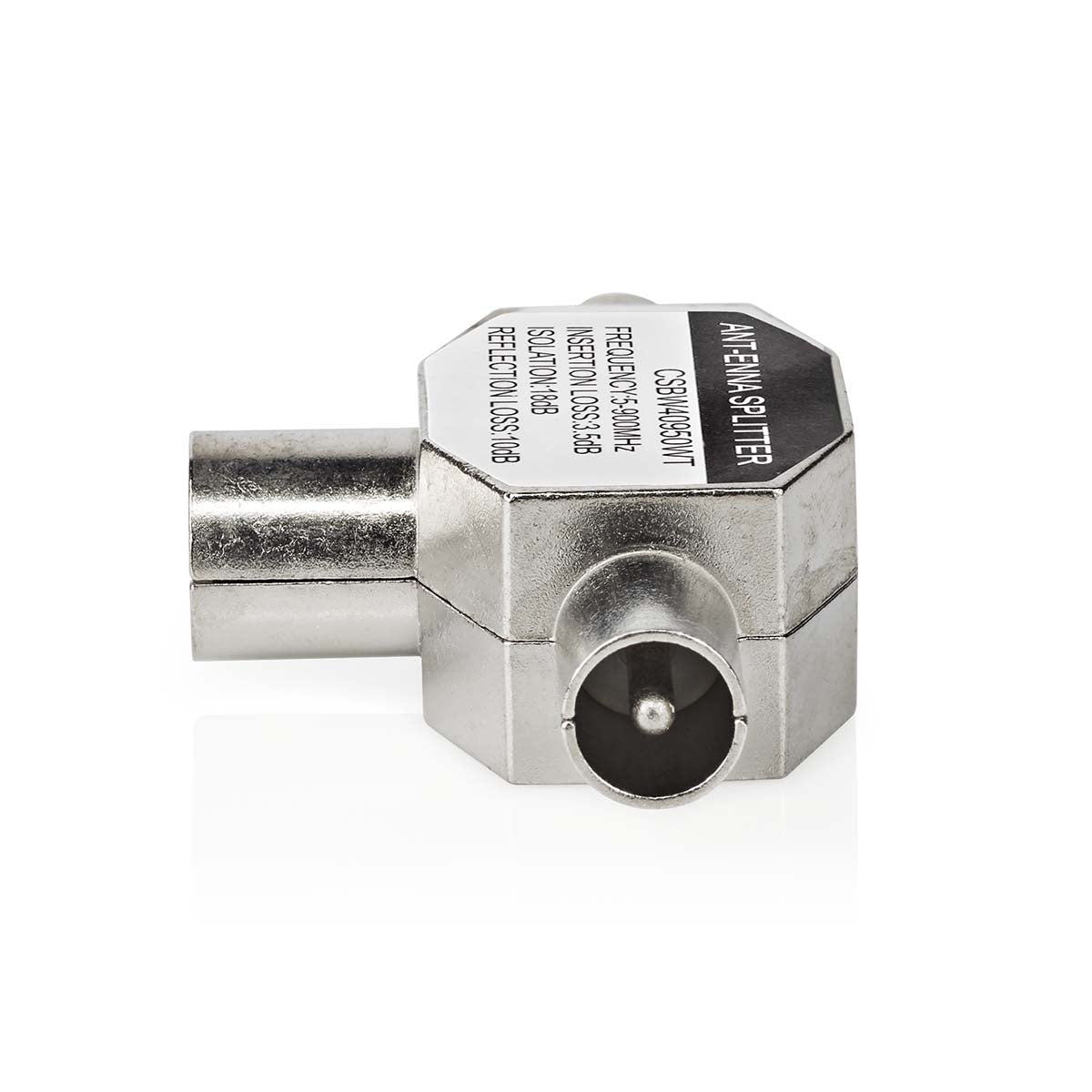 Satellite & Antenna Adapter | 2x Coax Male | IEC (Coax) Female | Nickel Plated | 75 Ohm | T-Splitter | Metal | White | 1 pc. | Box