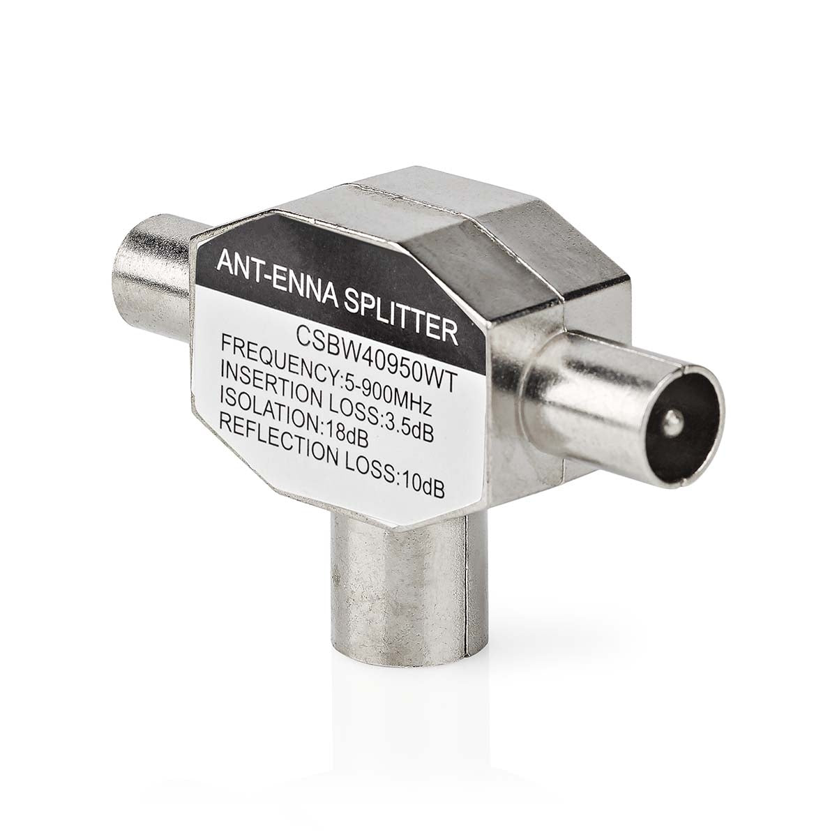Satellite & Antenna Adapter | 2x Coax Male | IEC (Coax) Female | Nickel Plated | 75 Ohm | T-Splitter | Metal | White | 1 pc. | Box