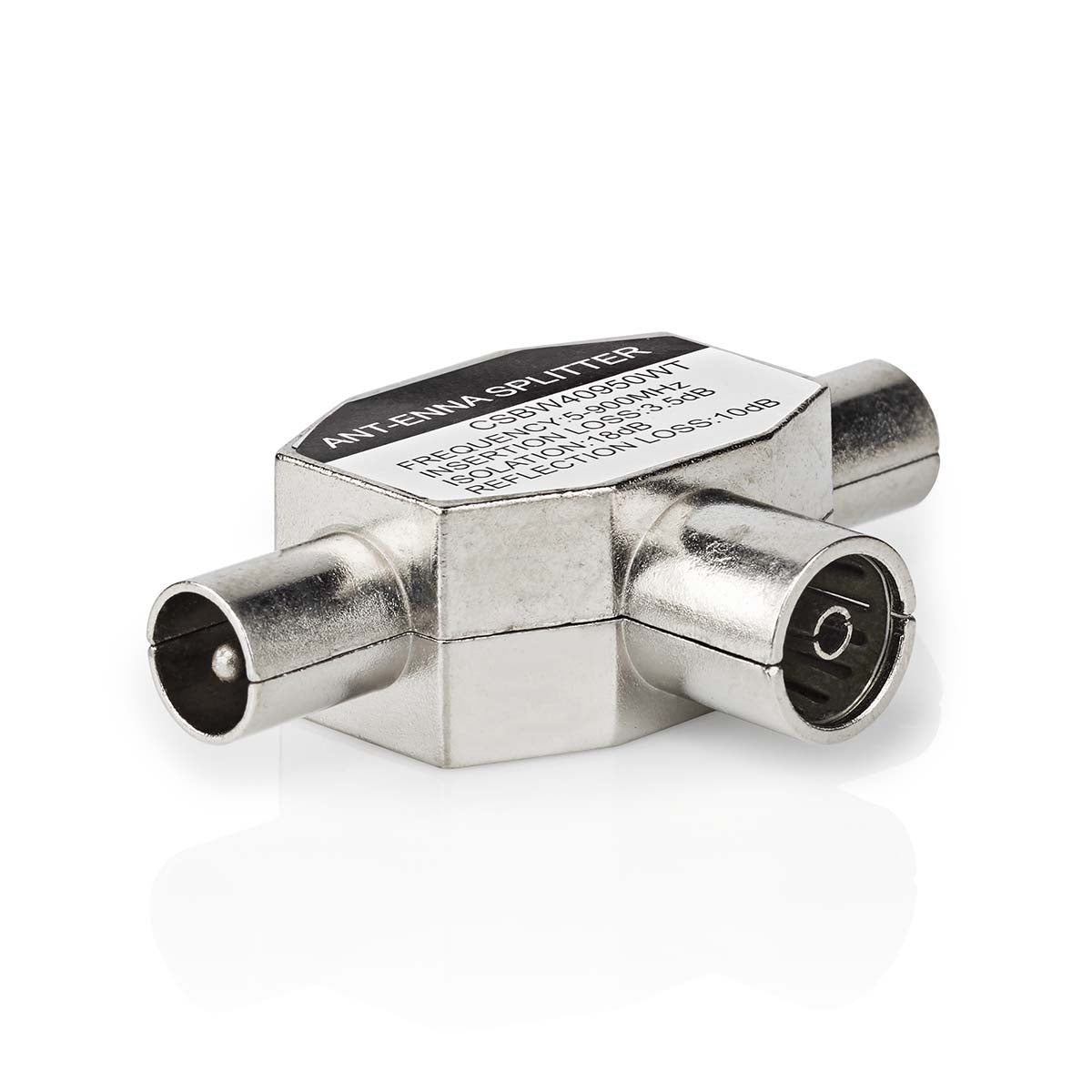Satellite & Antenna Adapter | 2x Coax Male | IEC (Coax) Female | Nickel Plated | 75 Ohm | T-Splitter | Metal | White | 1 pc. | Box