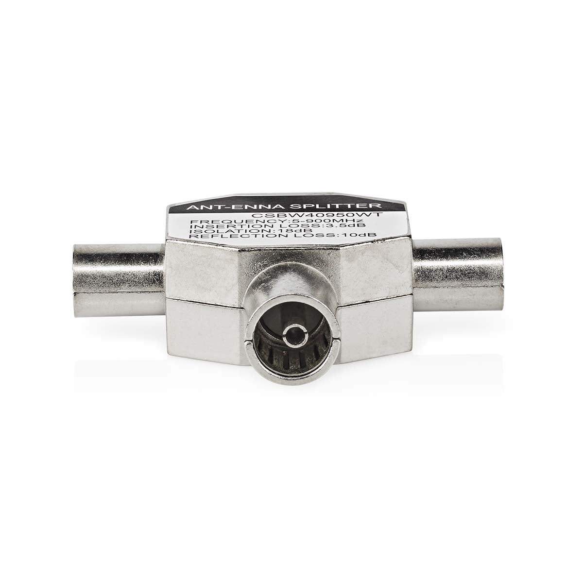 Satellite & Antenna Adapter | 2x Coax Male | IEC (Coax) Female | Nickel Plated | 75 Ohm | T-Splitter | Metal | White | 1 pc. | Box