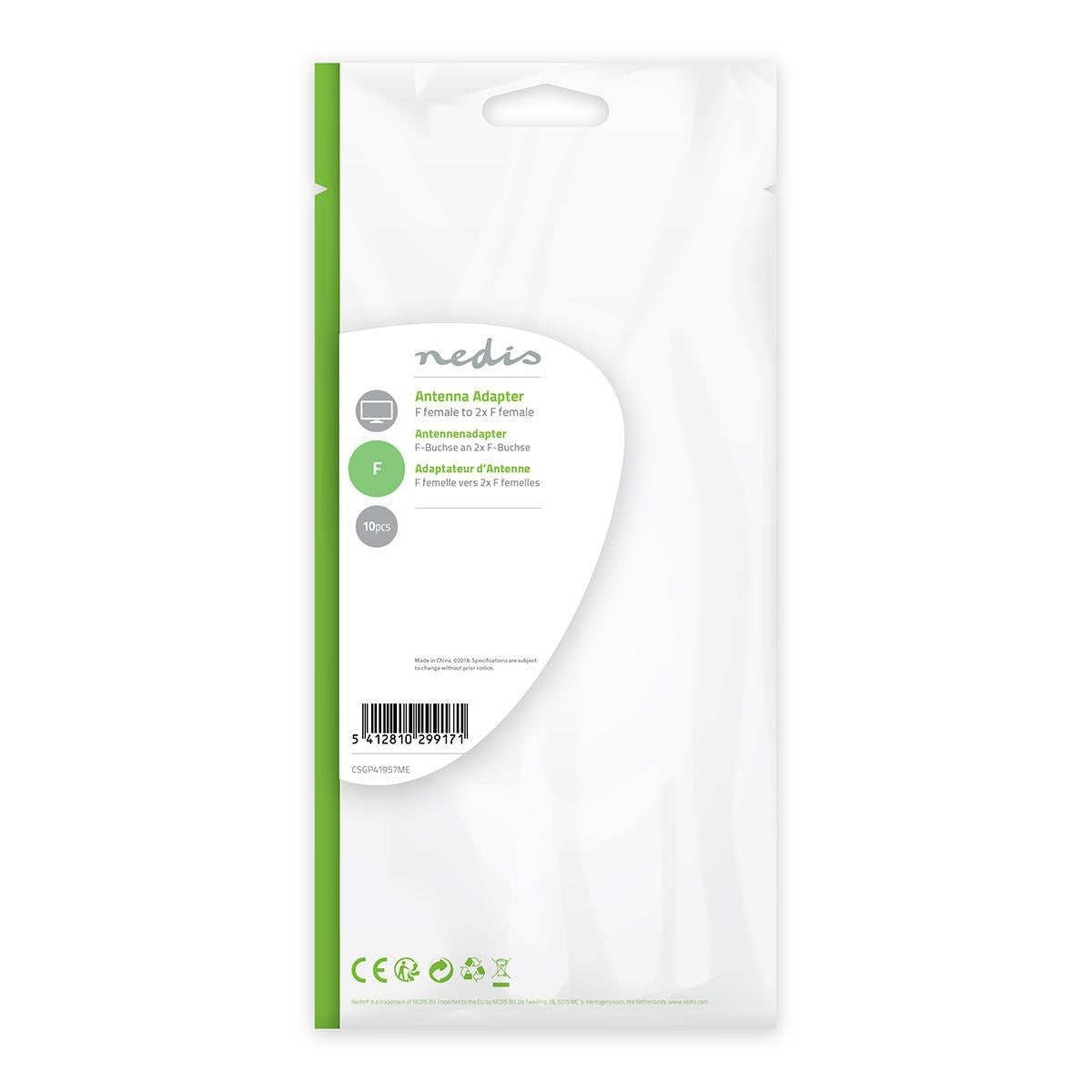 Satellite & Antenna Adapter | F Female | 2x F Female | Nickel Plated | 75 Ohm | T-Splitter | Metal | Silver | 10 pieces. | Plastic bag