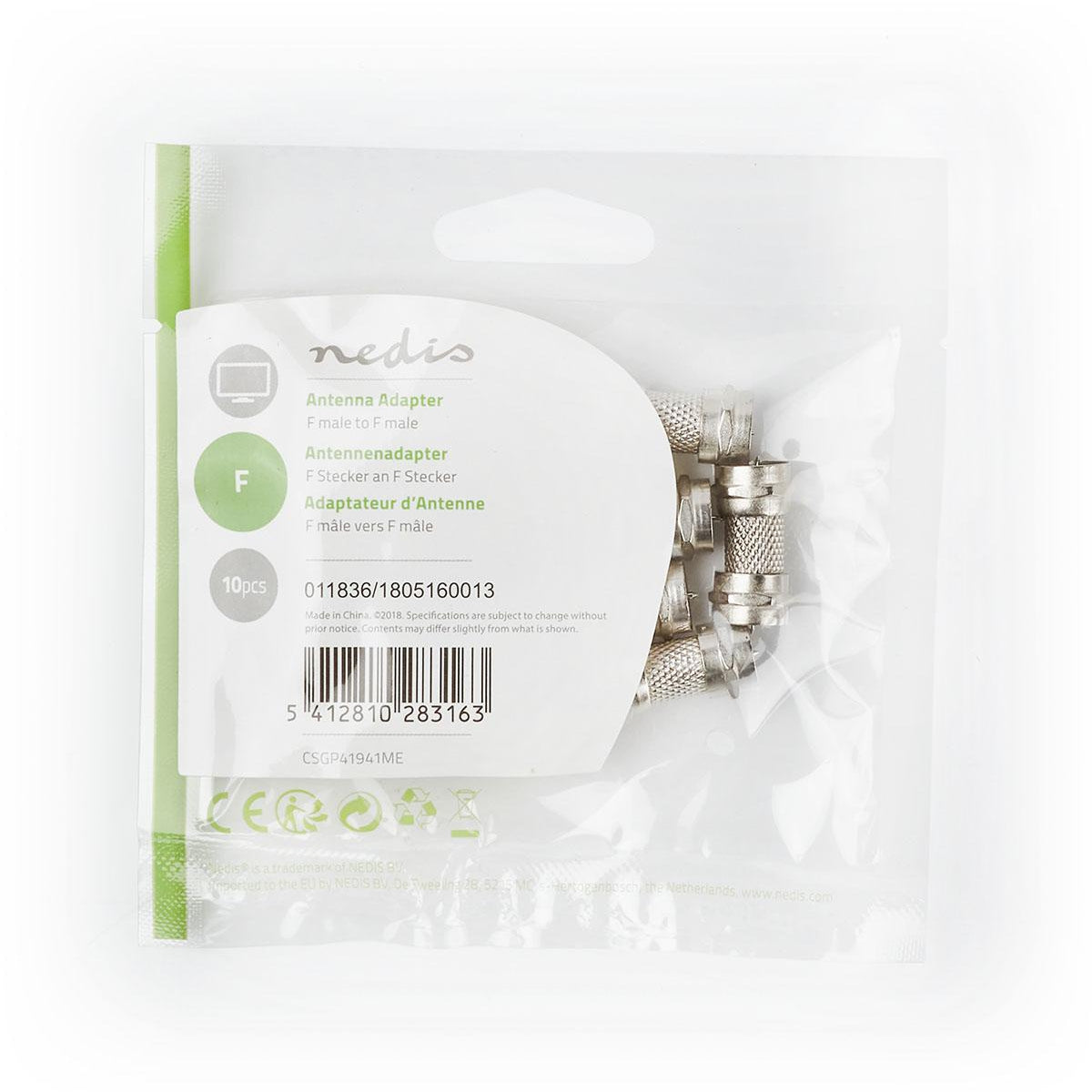 Satellite & Antenna Adapter | F Female | F Female | Nickel Plated | 75 Ohm | Straight | Metal | Silver | 10 pieces. | Envelope