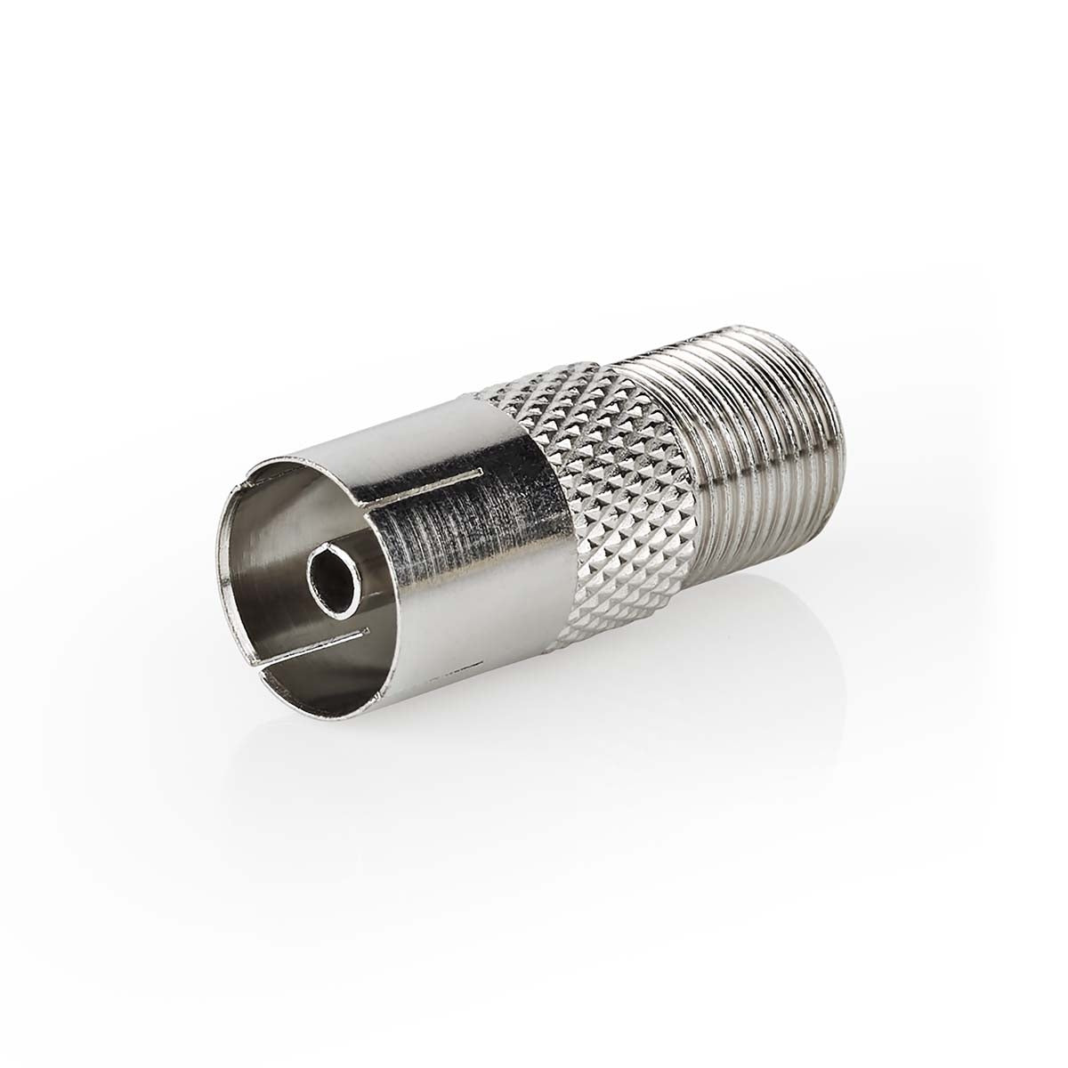 Satellite & Antenna Adapter | F Female | IEC (Coax) Female | Nickel Plated | 75 Ohm | Straight | Metal | Silver | 10 pieces. | Envelope