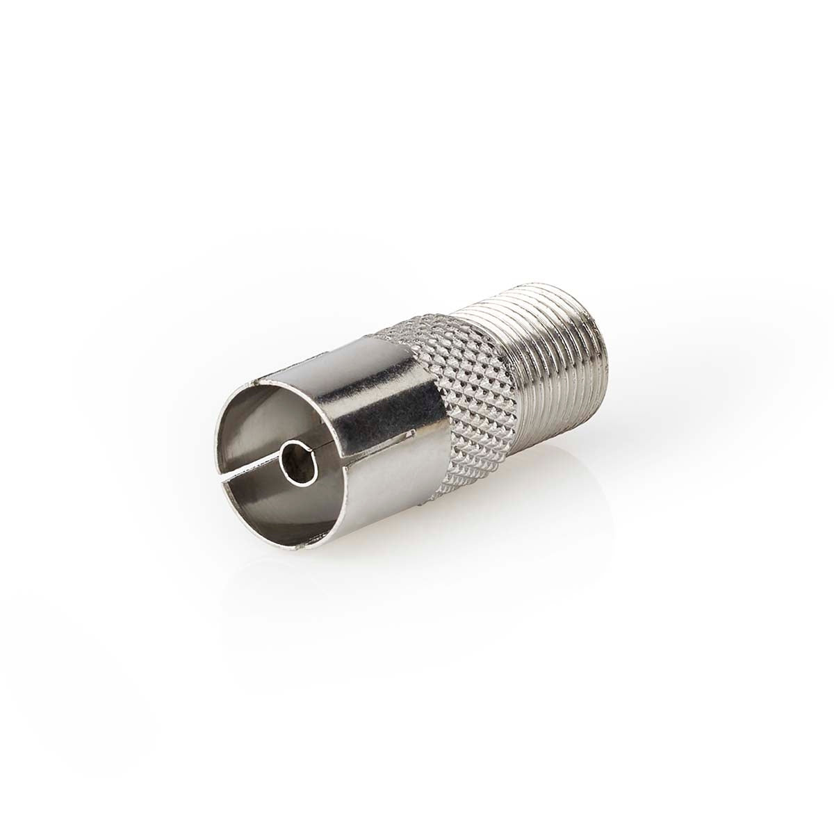 Satellite & Antenna Adapter | F Female | IEC (Coax) Female | Nickel Plated | 75 Ohm | Straight | Metal | Silver | 1 pc. | Box