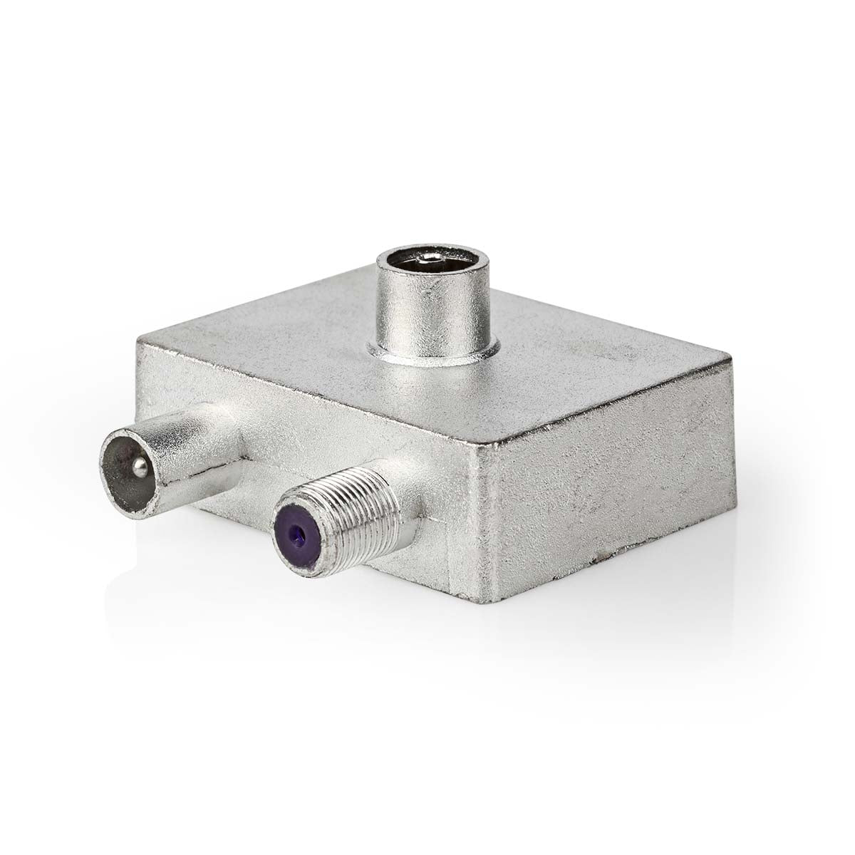 Satellite & Antenna Adapter | F Female / IEC (Coax) Male | IEC (Coax) Female | Nickel Plated | 75 Ohm | Straight | Metal | Metal / Silver | 1 pc. | Box