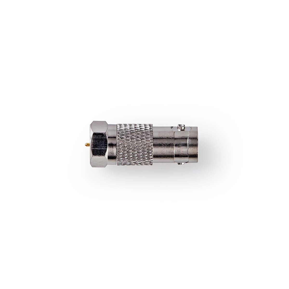 Satellite & Antenna Adapter | F Male | IEC (Coax) Female | Nickel Plated | 75 Ohm | Straight | Metal | Silver | 1 pc. | Box