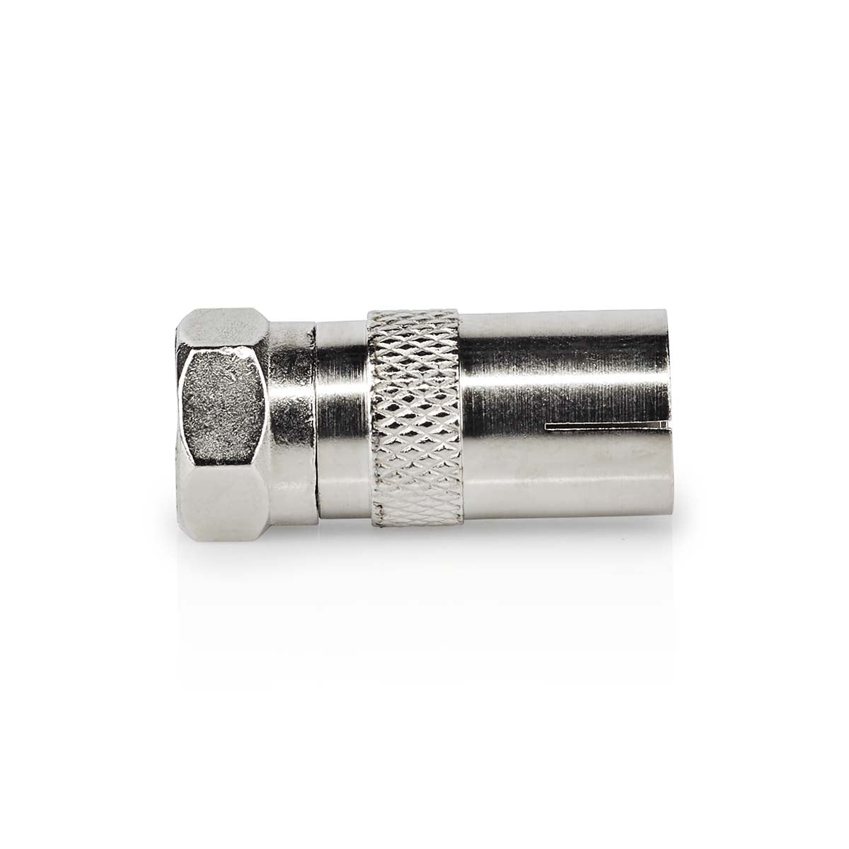 Satellite & Antenna Adapter | F Male | IEC (Coax) Female | Nickel Plated | 75 Ohm | Straight | Metal | Silver | 1 pc. | Box
